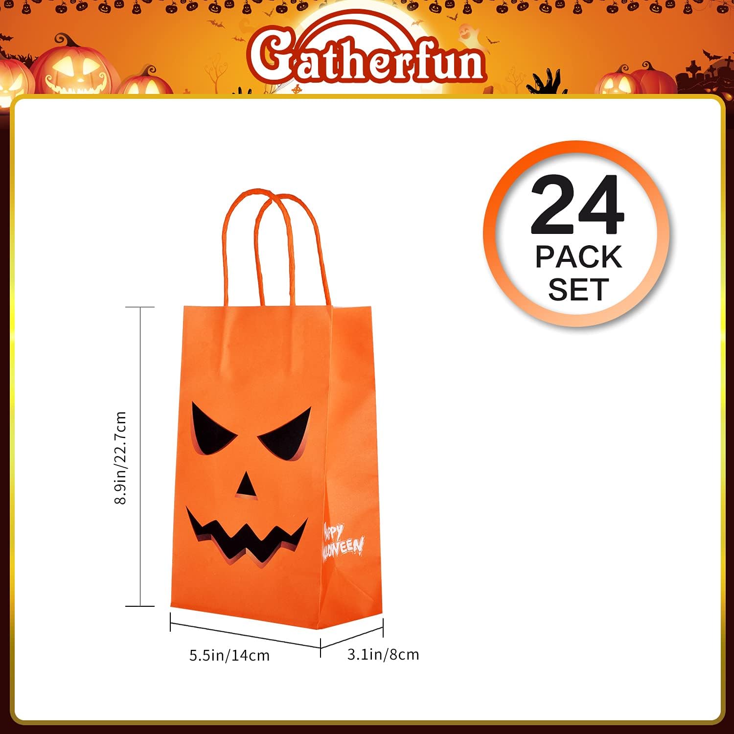 Gatherfun Bolsas de regalo de papel kraft con diseño de calabazas aterradoras con asa, bolsas de regalos para fiesta de Halloween, paquete de 24, 9