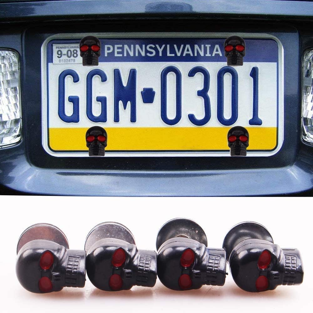 Venveal Skull – Tornillos universales para placa de matrícula de automóvil y motocicleta, tornillos de marco de matrícula 3D de acero inoxidable con