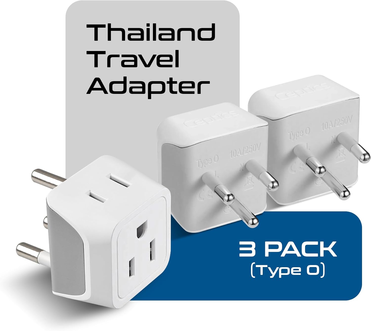 Ceptics – Adaptador de viaje para Tailandia con entrada dual de Estados Unidos (Tipo O), ultra compacto, paquete de 3, conexión a tierra segura,
