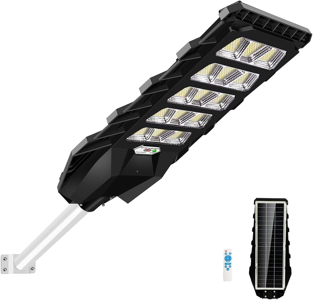 Juyace Luz solar de calle de 500 W, 825 LED, funciona con energía solar, luces de exterior del atardecer al amanecer con sensor de movimiento IP65