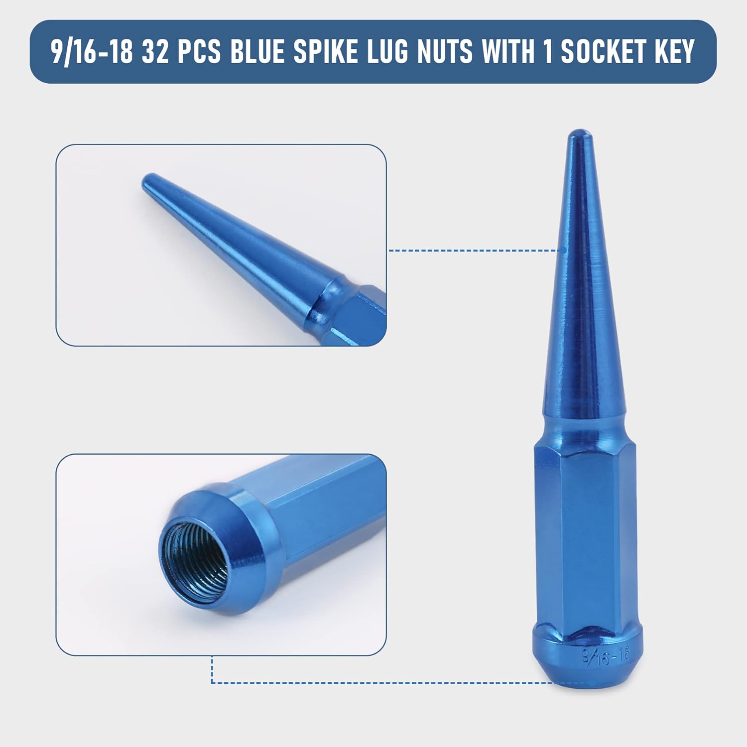 Tuercas Spike 916-18 32 piezas de asiento de cono azul con 1 llave de enchufe de repuesto para Dodge Ram 1500 2500 3500 1994-2011 Ford F250 F350
