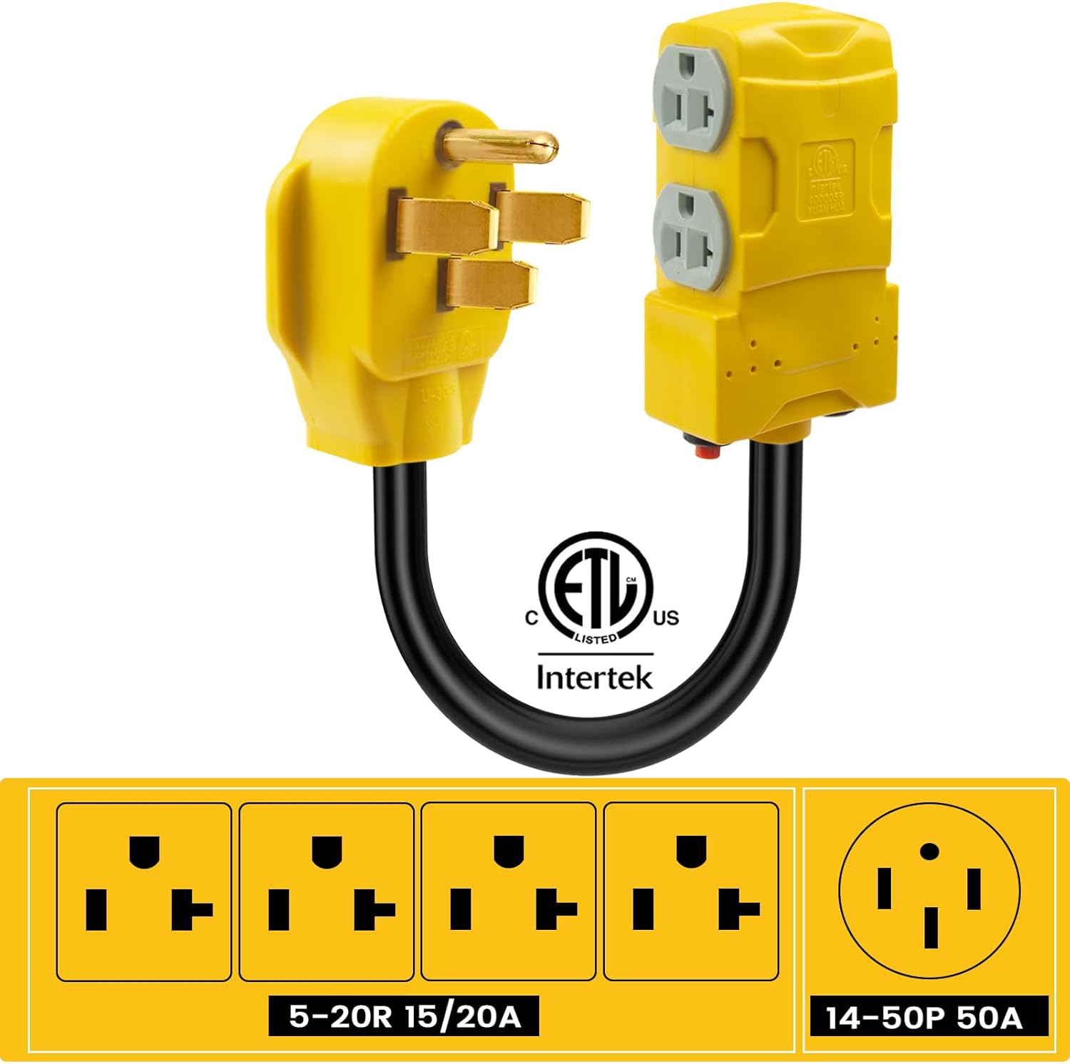 NEMA 14-50P enchufe macho a 4 × 5-20R15R cable adaptador de generador RV hembra, cable adaptador de 50 amperios a 20 amperios 125 V con interruptor,