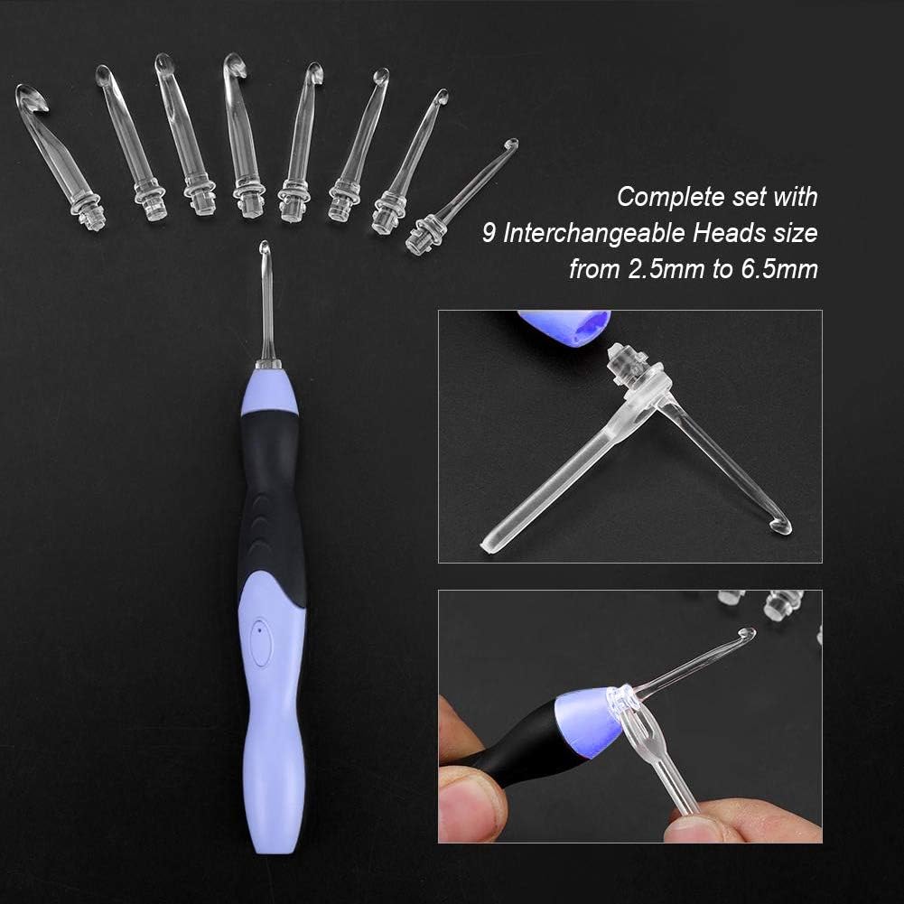 Ganchos de ganchillo iluminados, juego de ganchos de ganchillo LED 9 en 1, 9 cabezales intercambiables iluminan agujas de tejer, accesorios para