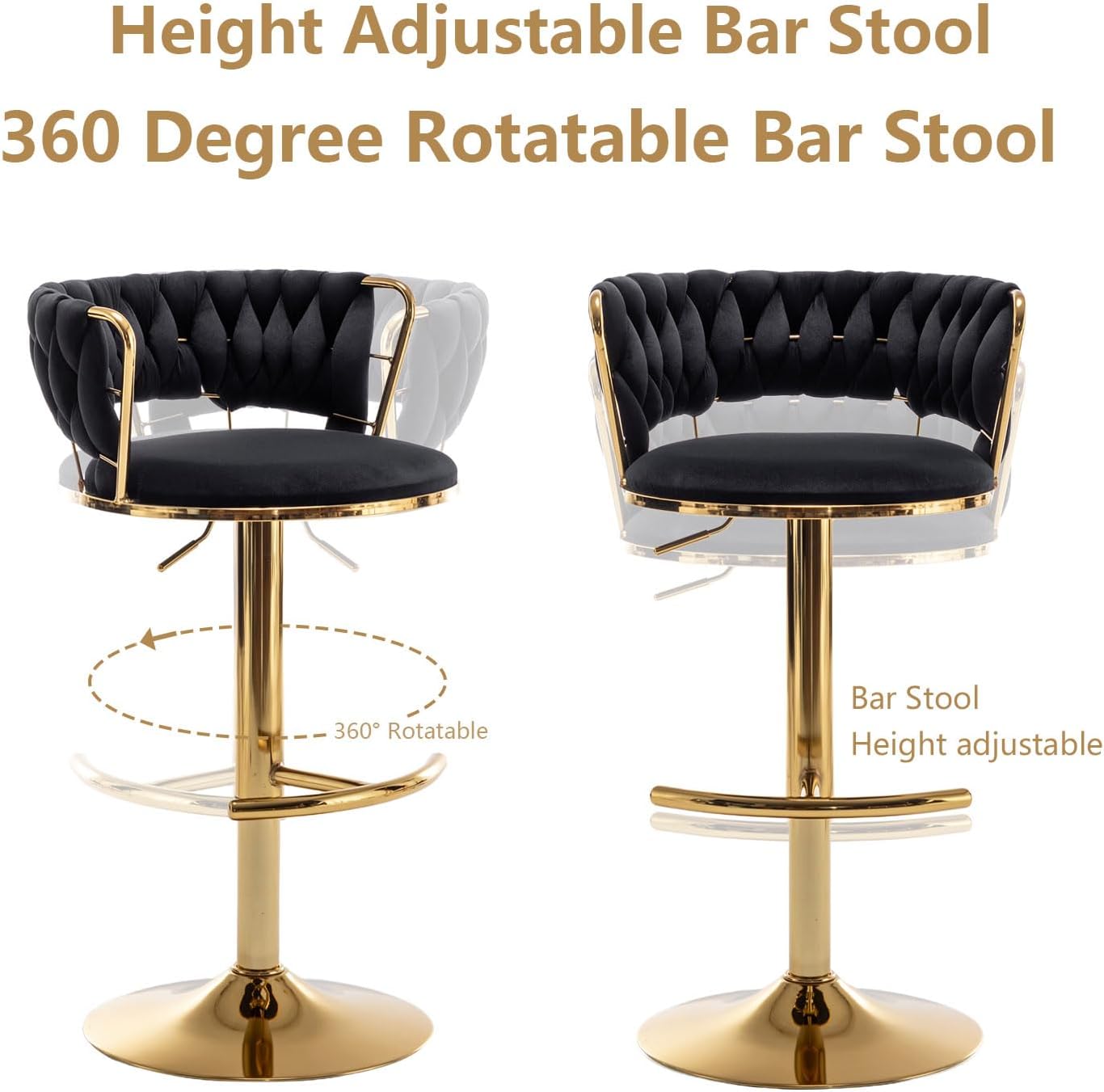 Riknuxi Juego de 4 taburetes de bar de terciopelo dorado, taburetes de bar con respaldo bajo, taburete de bar giratorio para isla de cocina, bar pub