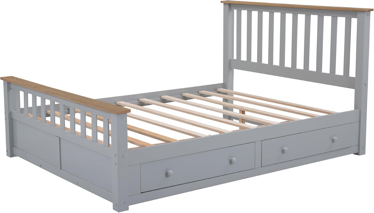 Merax Cama de plataforma tamaño Queen, plataforma de madera con 2 cajones y soporte de listones de madera, gris + natural