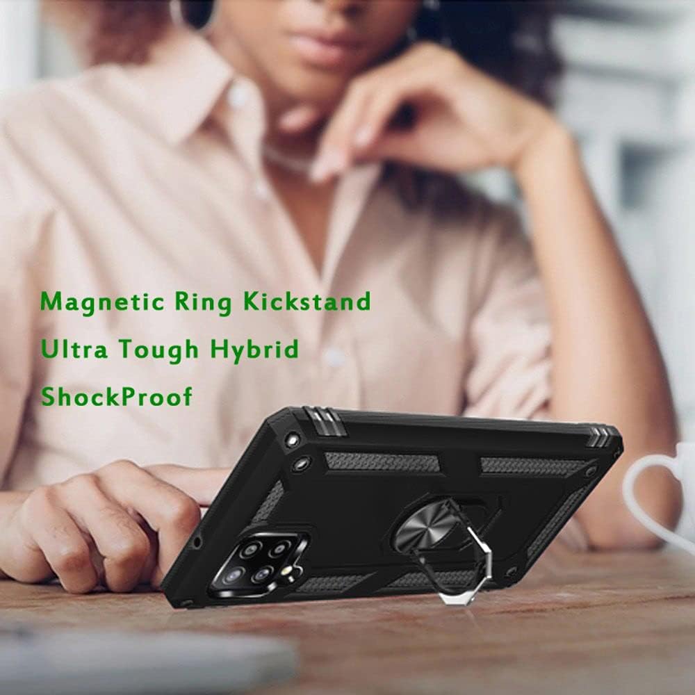 TJS Funda compatible con Samsung Galaxy A12, con protector de pantalla de vidrio templado, anillo de metal Defender con soporte magnético para