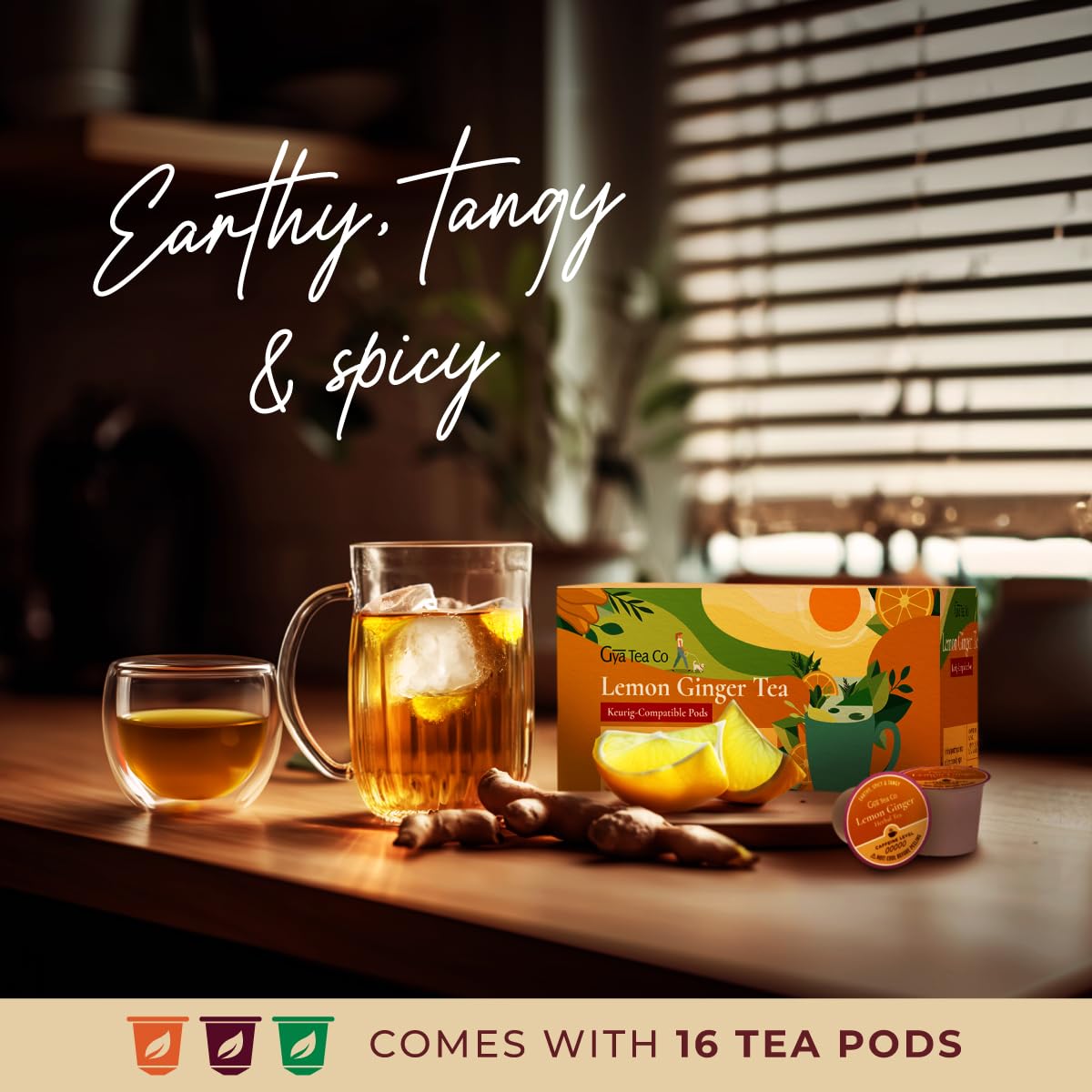 Gya Tea Co K-Cups de té de limón y jengibre para Keurig, sin cafeína, té de limón y jengibre para una mejor salud, relájate con cápsulas de té