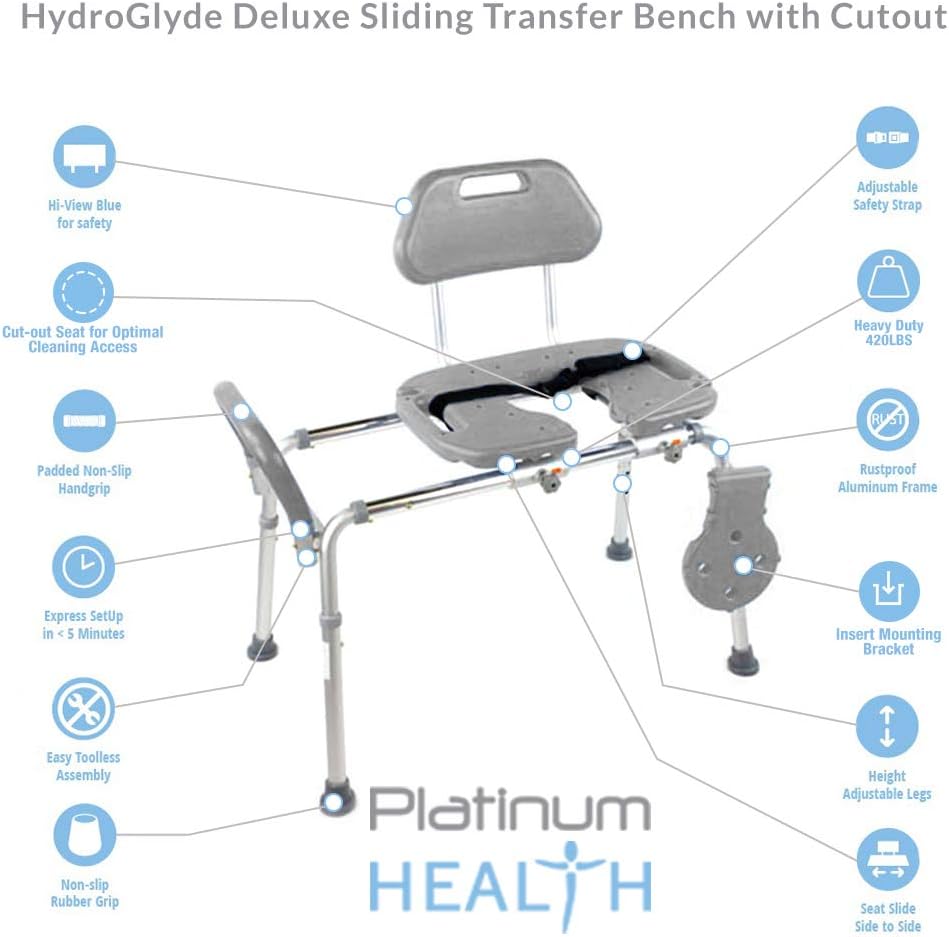 HydroGlyde – Silla de ducha deslizante de alta calidad, resistente, banco de transferencia de bañera acolchado con asiento recortado, para bañera,