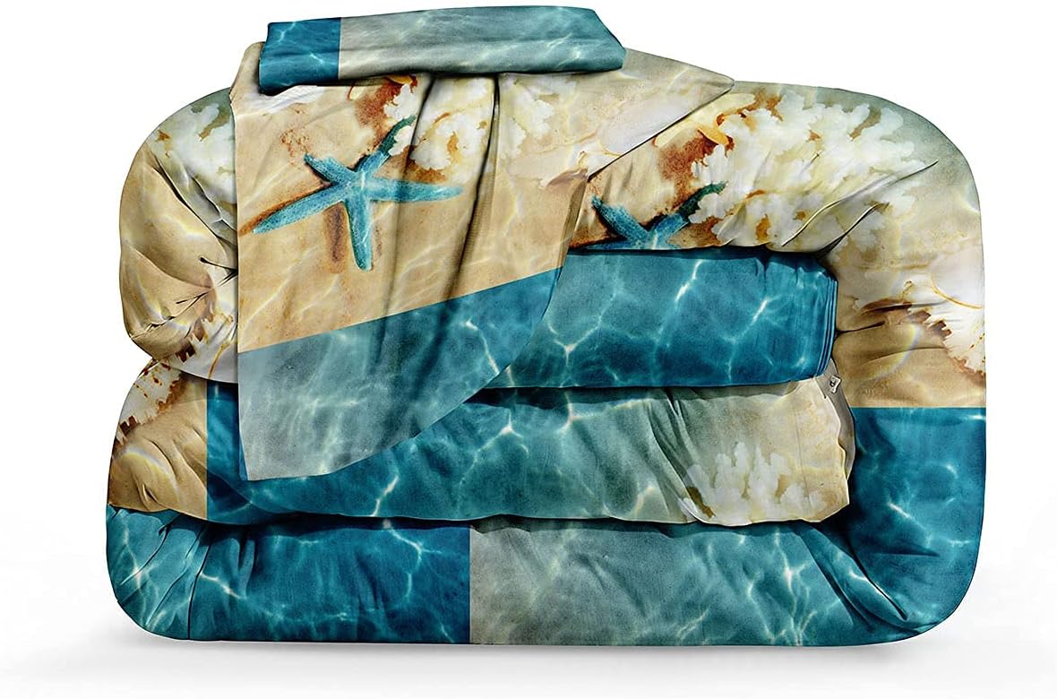 lris Bedding Juego de edredón de playa oceánica, juego de ropa de cama de moda verde azulado, patrón costero de naturaleza, juego de edredón de