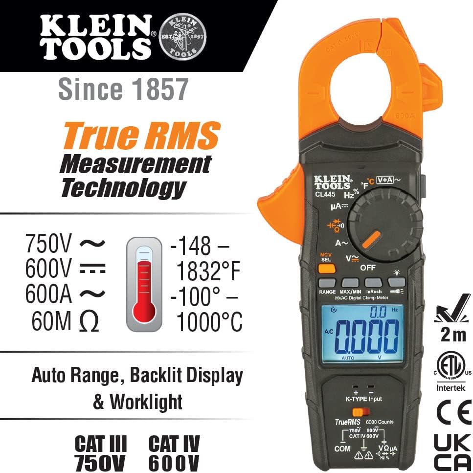 Klein Tools CL445 Medidor de abrazadera HVAC, TRMS de rango automático, NCVT, mide voltaje, corriente, temperatura, micro amperios, InRush y más