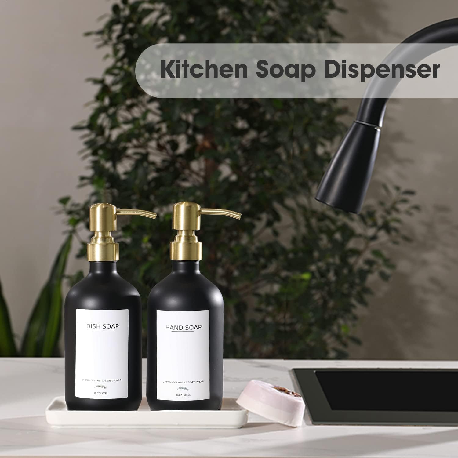 Dispensador de jabón para platos de vidrio con bandeja de cerámica y bomba de acero inoxidable, juego de dispensador de jabón de cocina con 12