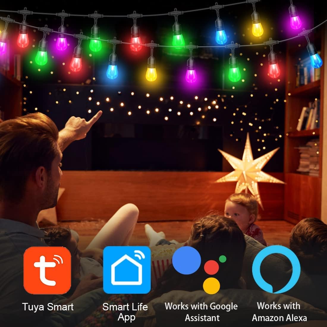 Cadena de luces inteligentes para exteriores de 48 pies, cambio de color con flash de música, bombilla LED S14 regulable WiFi inastillable,