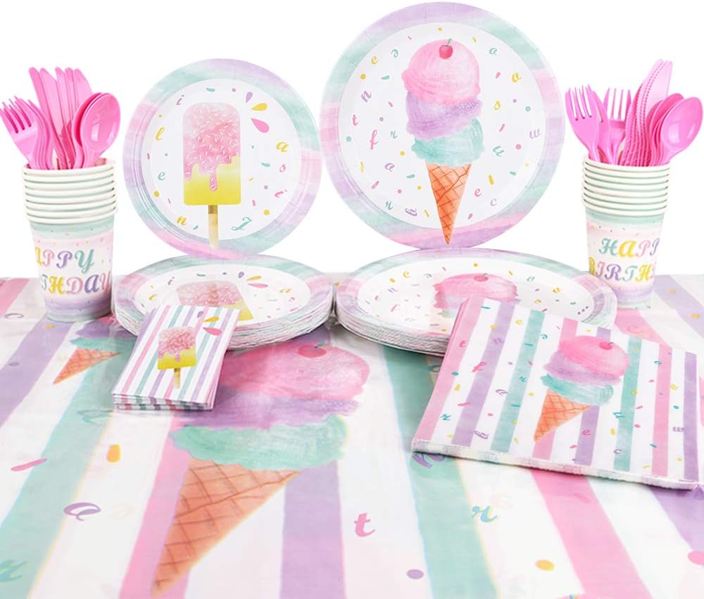 Juego de suministros para fiesta de helados  Vajilla de fiesta de paletas de helado para niñas, niños, cumpleaños, baby shower, mantel desechable,