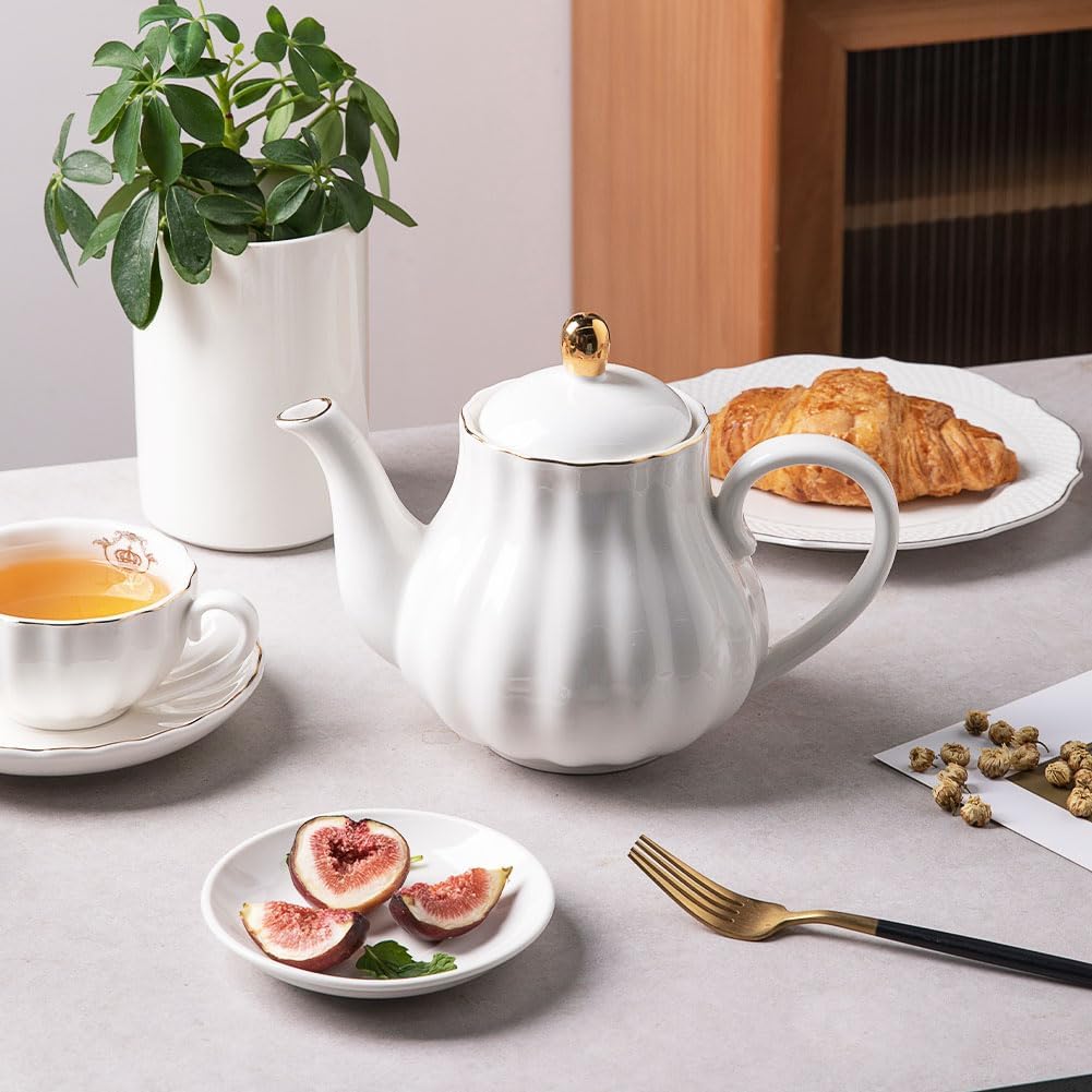 Sweejar Royal Teapot, tetera de cerámica con infusor extraíble de acero inoxidable, tetera de hojas sueltas y florecientes, 40 onzas (blanco)