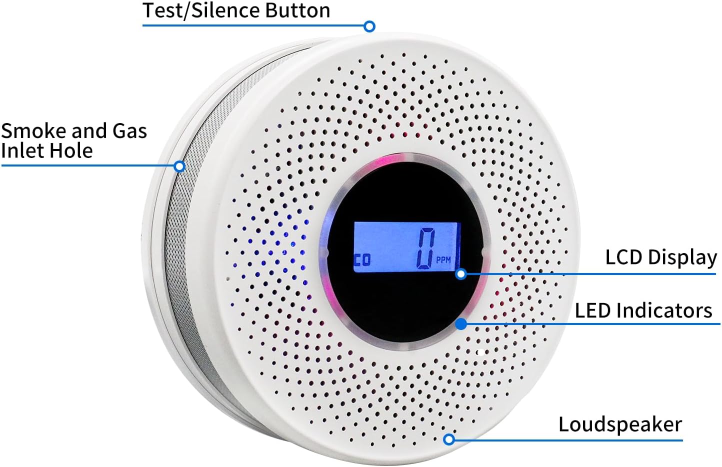 Detector de humo detector de monóxido de carbono combinado con pantalla digital y alarma de luz de sonido, alarma de humo y CO 2 en 1 con batería