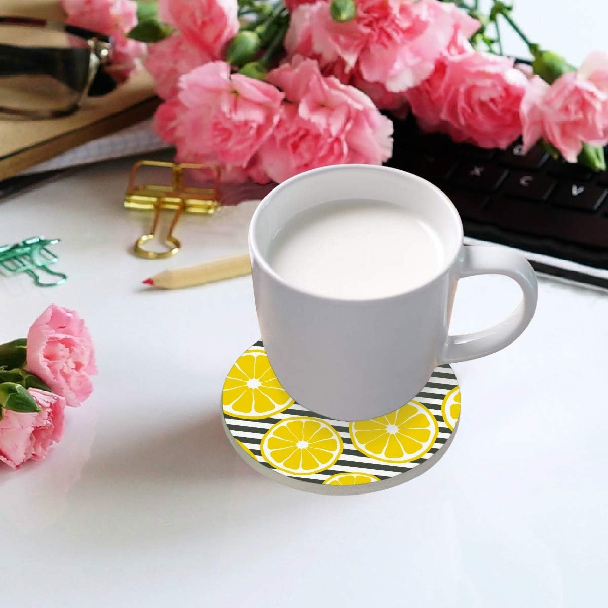 visesunny Posavasos de verano a rayas de limón que absorben la humedad, con base de corcho para protección de mesa, evita daños en los muebles, taza