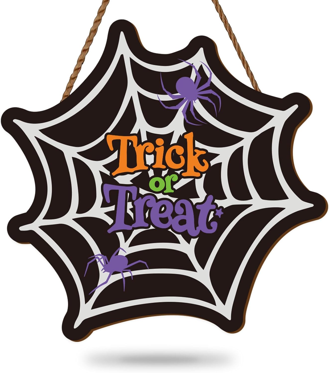 Whaline Letrero colgante de madera con diseño de telaraña de Halloween, diseño de truco o trato, corona de bienvenida, decoración de Halloween,
