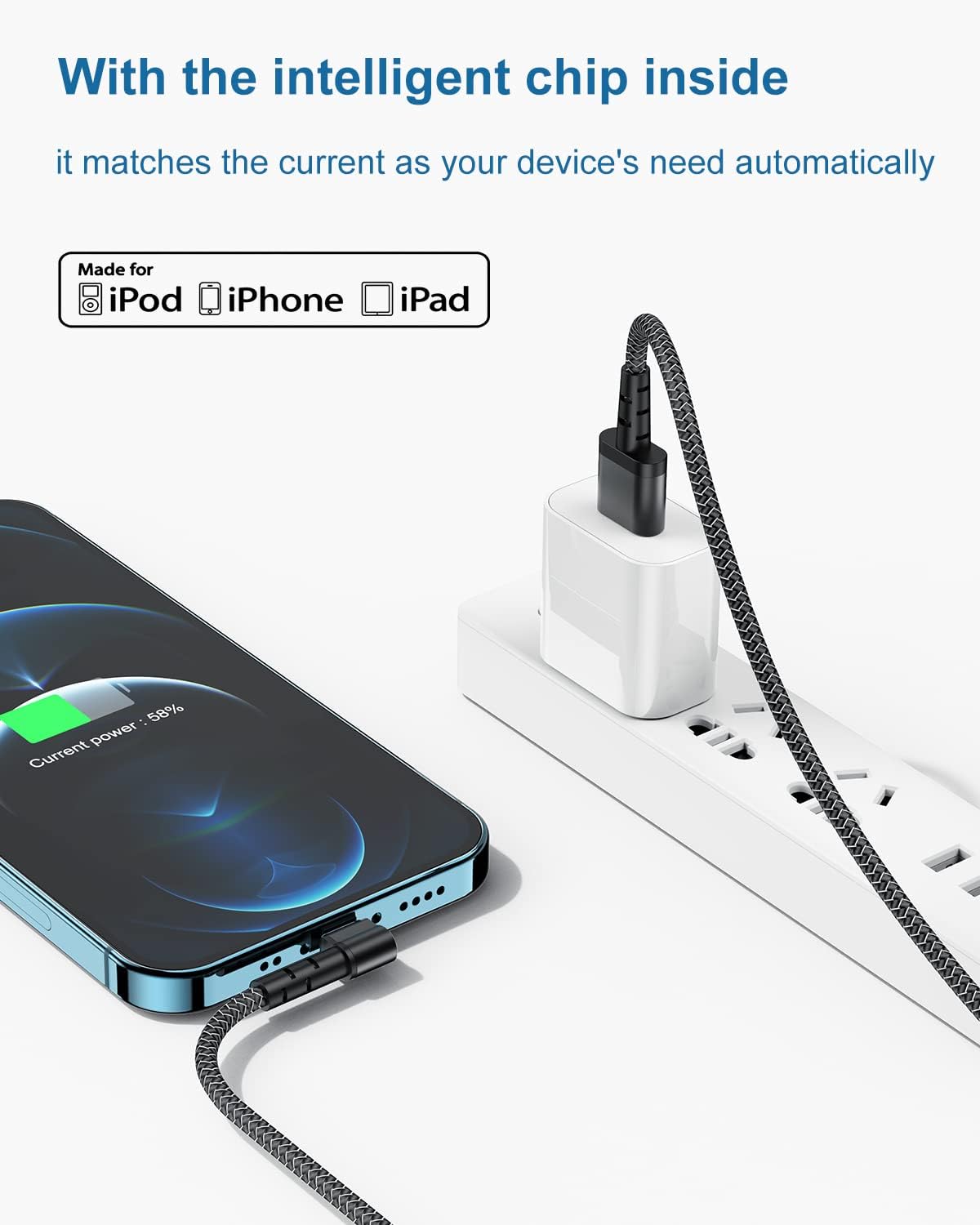 Paquete de 3 cargadores de iPhone de 90 grados de 6 pies, cable de carga Apple iPhone de nailon en ángulo recto de 6 pies, cable Lightning de 6 pies