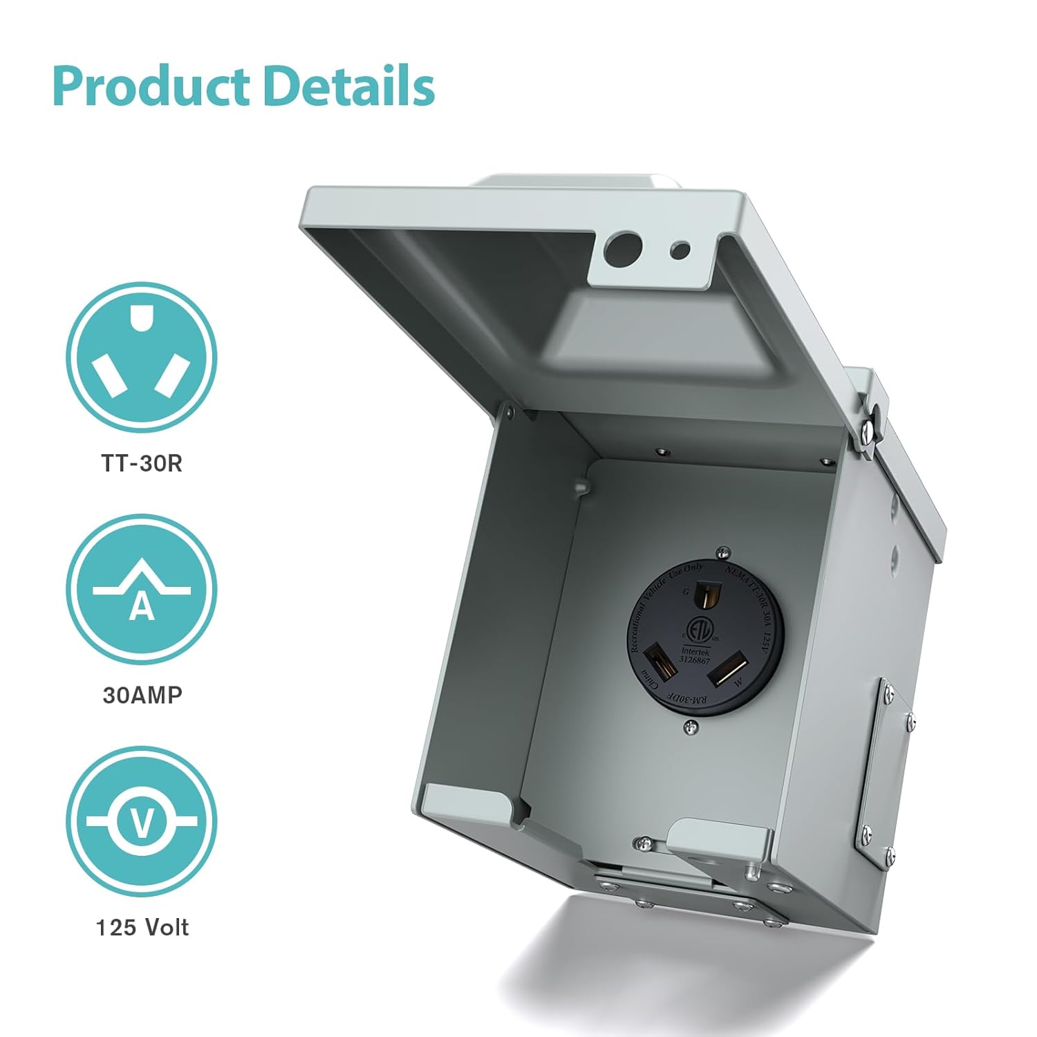 WEBANG Caja de toma de corriente de 30 amperios, cerrada, cerrada, resistente a la intemperie, para exteriores, 125 voltios, NEMA TT-30R, panel de