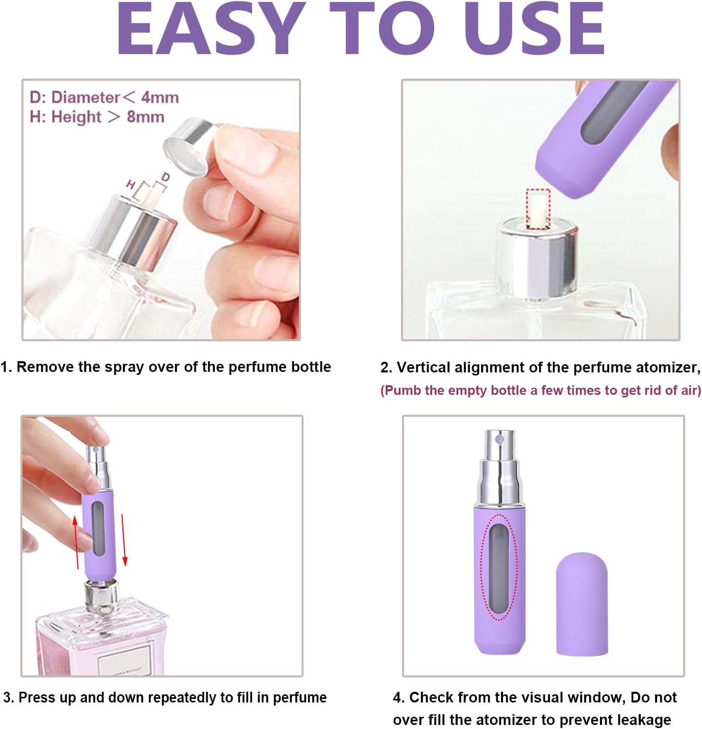 KAYZON Mini atomizador portátil de perfume recargable, botellas de spray de tamaño de viaje para mujeres, estuche de bomba de aroma de llenado