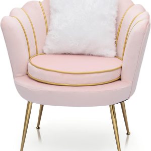 Magshion Moderno sillón tapizado de terciopelo con respaldo festoneado con patas doradas y almohada suave para sala de estar, cómoda silla de Magshion Moderno sillón tapizado de terciopelo con respaldo festoneado con patas doradas y almohada suave para sala de estar, cómoda silla de