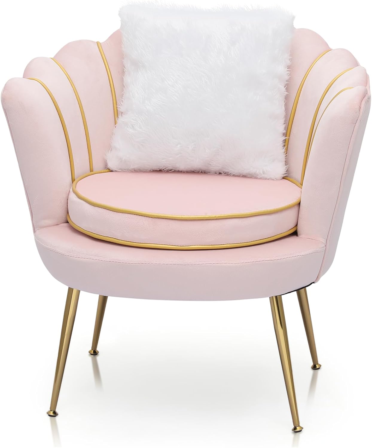 Magshion Moderno sillón tapizado de terciopelo con respaldo festoneado con patas doradas y almohada suave para sala de estar, cómoda silla de