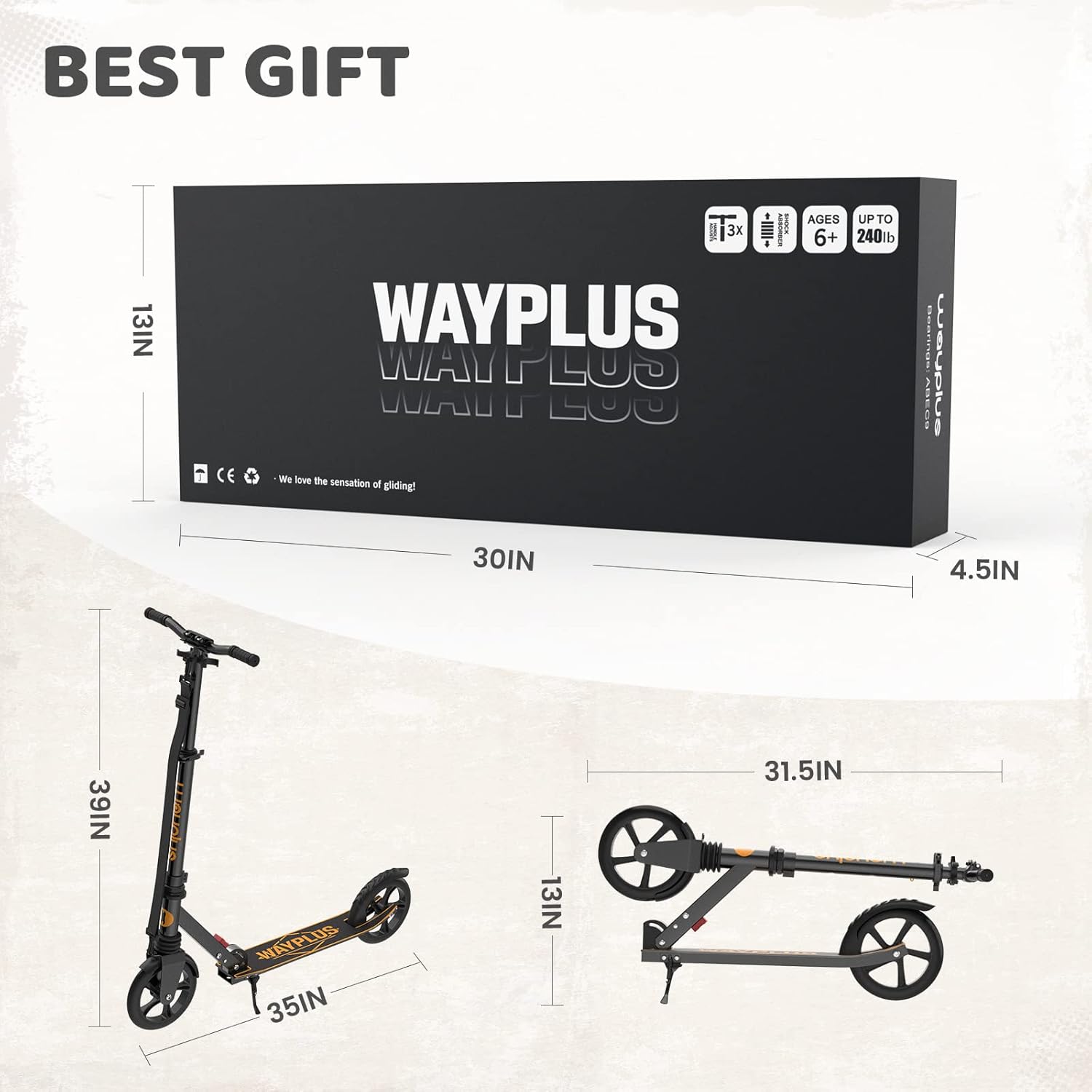 WAYPLUS Patinete para mayores de 6 años, niños, adolescentes y adultos. Carga máxima de 240 libras. Plegable, ligero, ruedas grandes de 8 pulgadas