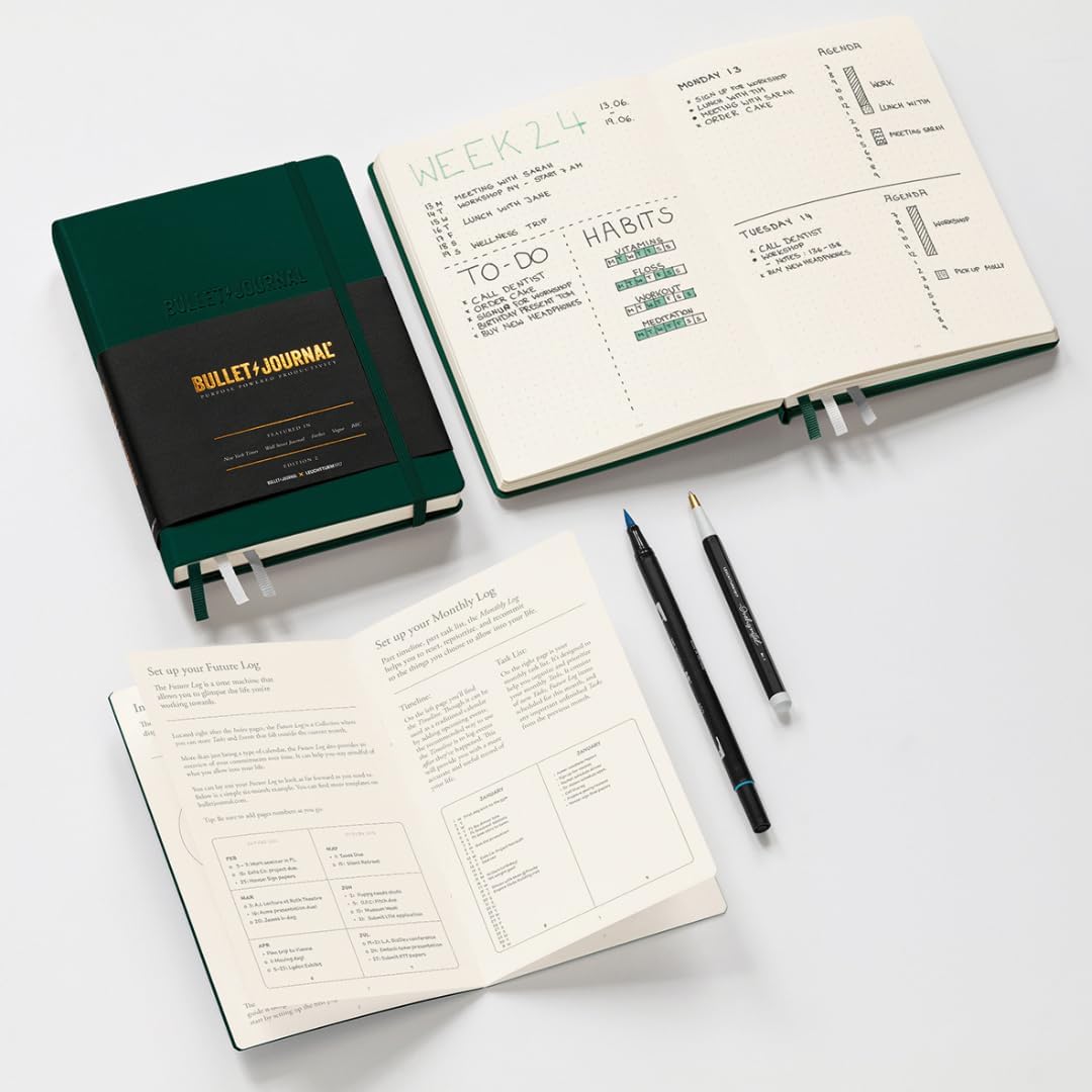 LEUCHTTURM1917 368952 Bullet Journal Edition 2 Green23, mediano A5, tapa dura, 206 páginas numeradas, punteado