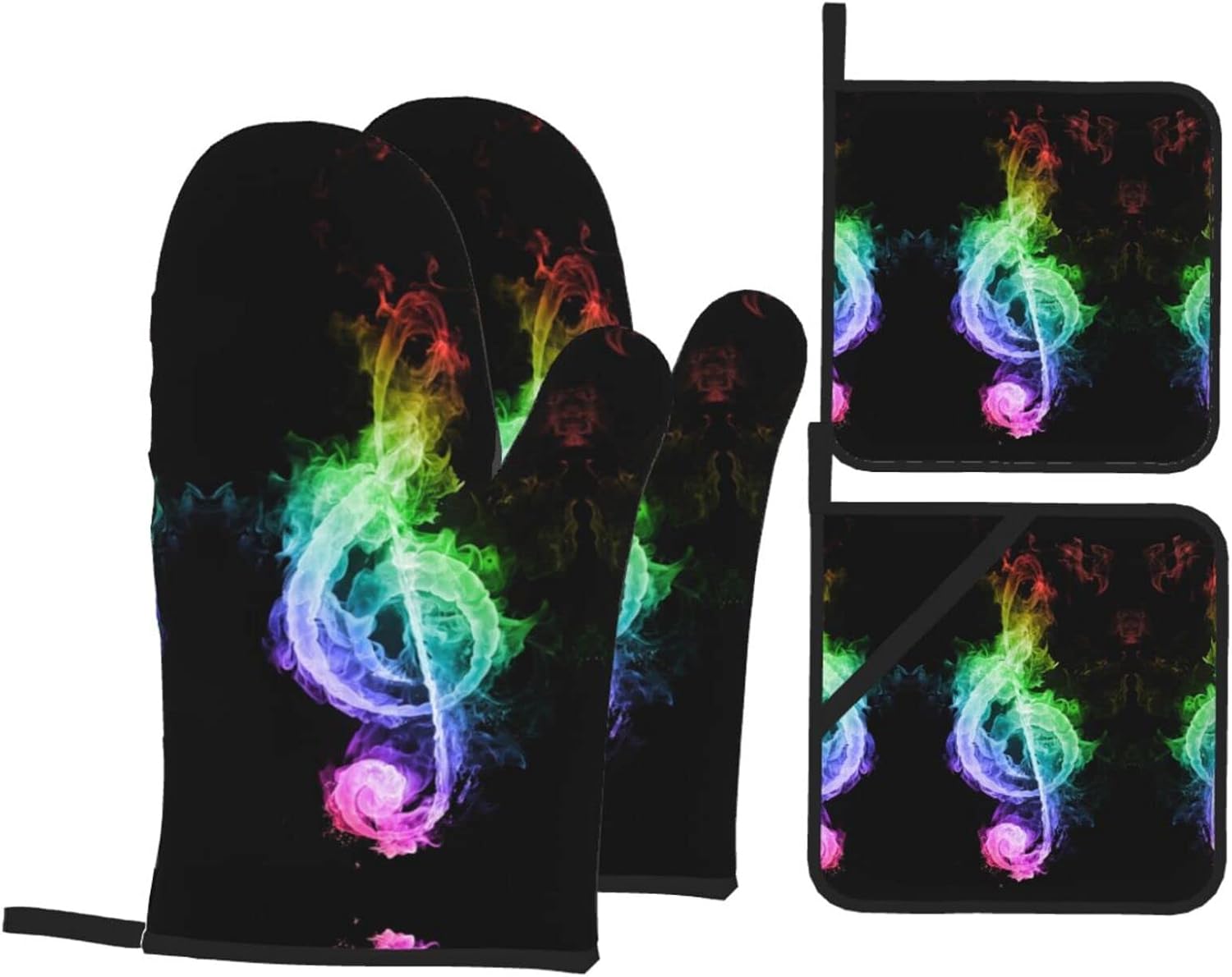 Juego de 4 guantes de horno y soportes para ollas de notas musicales coloridas, resistentes al calor, antideslizantes, de algodón, para cocinar