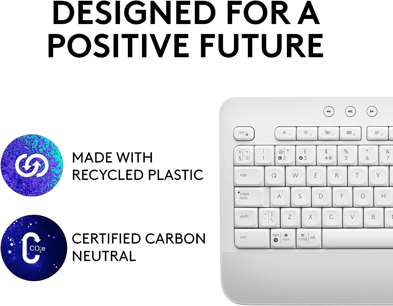Logitech Signature K650 Comfort – Teclado inalámbrico de tamaño completo con reposamuñecas, Bluetooth BLE o receptor USB Logi Bolt – Blanco