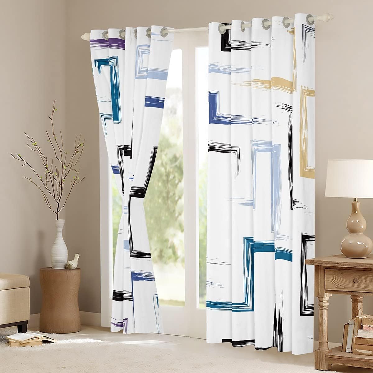 Cortinas de ventana de graffiti geométrico en acuarela, arte abstracto de graffiti, cortinas opacas artísticas para oscurecer las manchas, diseño