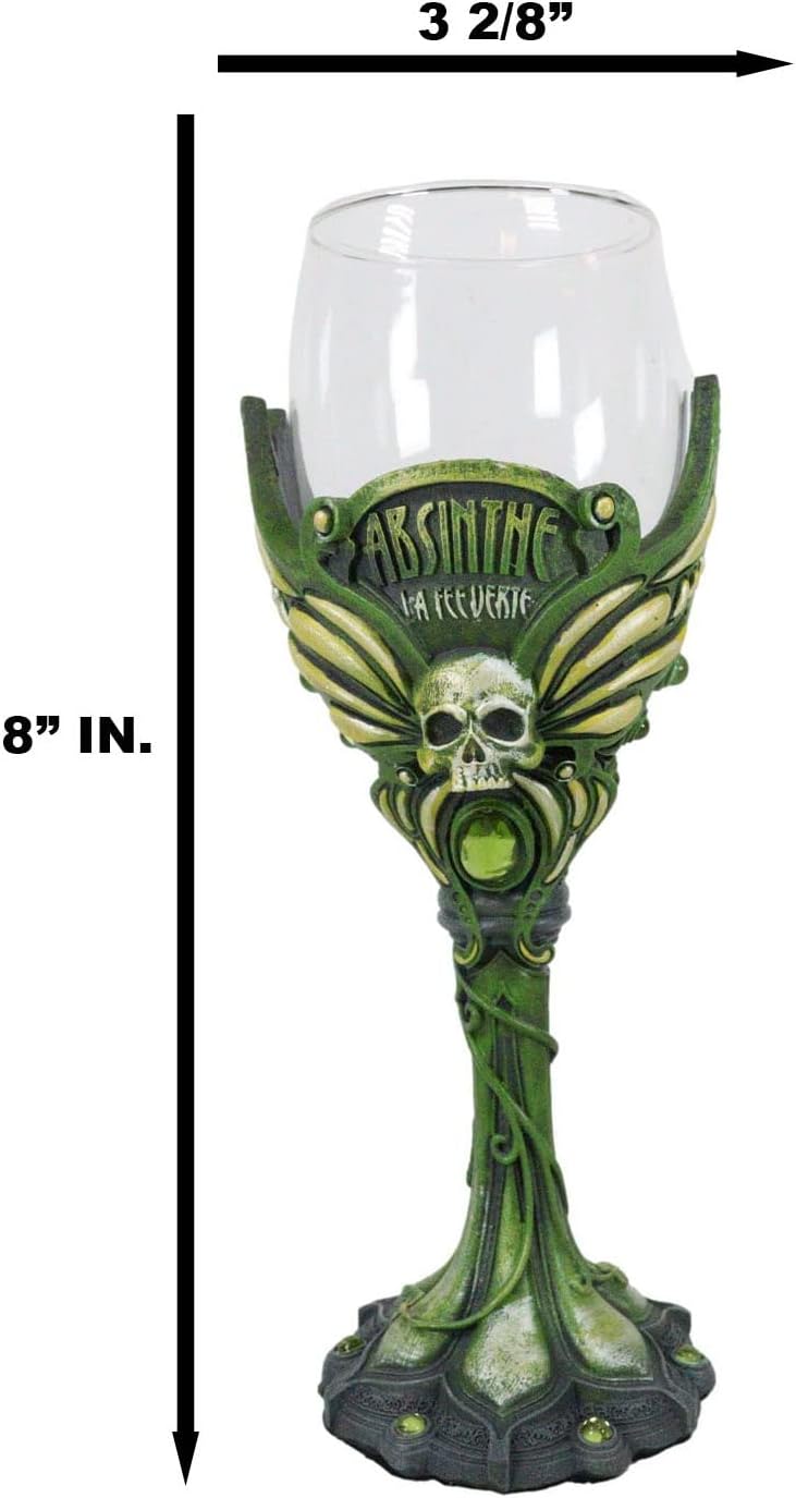 Ebros Gift Absenta de hadas bohemia parisina La Fee Verte cráneo con gema verde y tallo de vid Copa de vino Cáliz de vidrio Osario Macabra Accent
