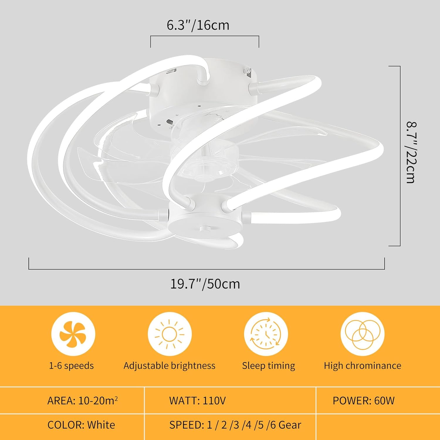 Moderno ventilador de techo remoto inteligente para dormitorio de 19.7 pulgadas con luz LED, lámpara de montaje empotrado de perfil bajo con