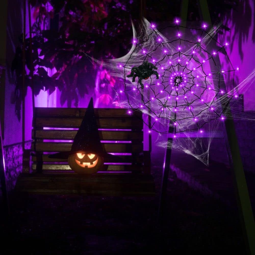 GVANCA Luces de telaraña de Halloween Decrations, 70 luces LED de telaraña para decoración de Halloween en interiores y exteriores, impermeables,