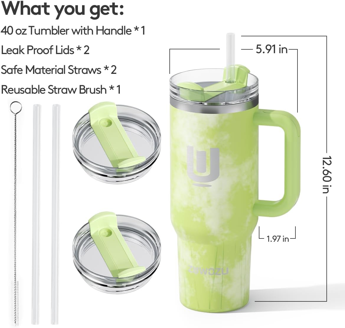 ZUWOZU Vaso de acero inoxidable con aislamiento al vacío con tapa y pajilla, de 40 oz, con asa y pajilla, 2 tapas, taza de viaje para café helado,