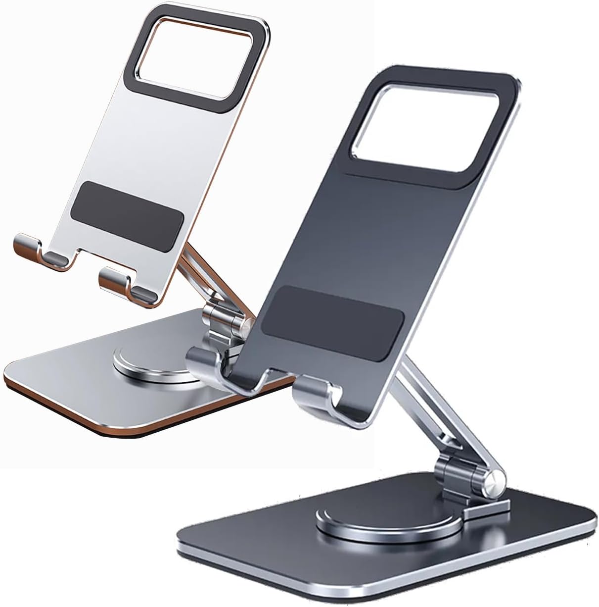 WYYHAA Paquete de 2 soportes plegables dobles para teléfono celular con silicona, soporte de aluminio ajustable de 360 para teléfono de escritorio,