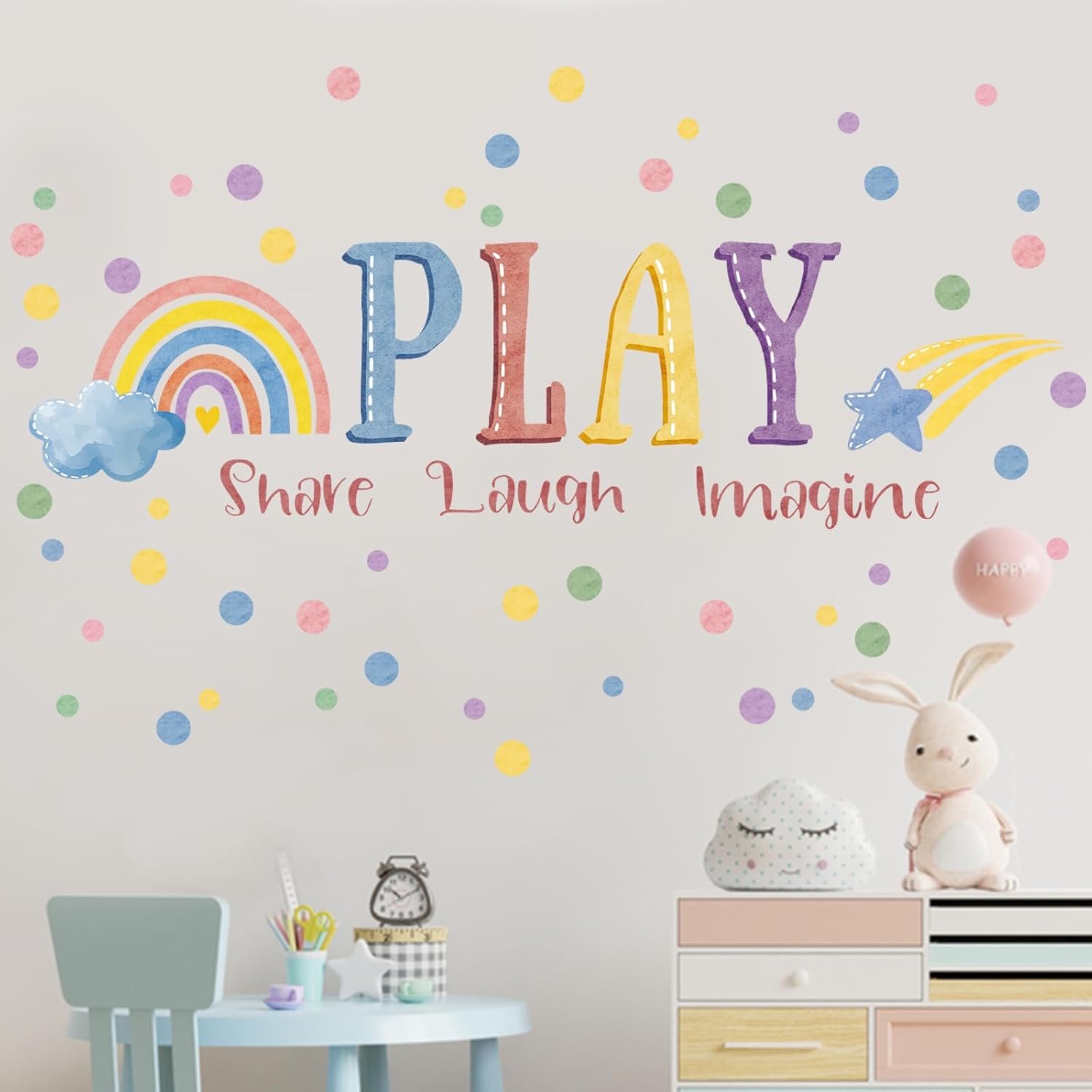 Mfault Calcomanías de pared para sala de juegos, juego inspirador, compartir risa, imagina, citas, decoración de habitación de guardería, arte de