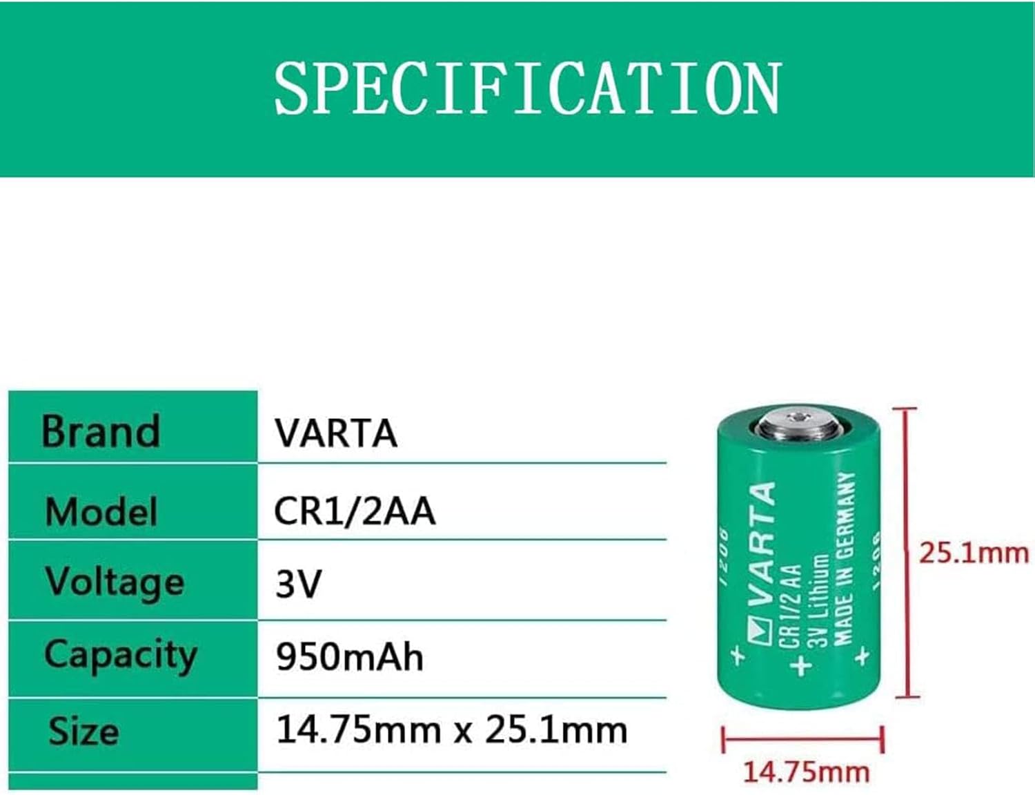 Batería CR12AA para Varta CR12AA para Varta CR 12 AA Series Litio 3 V 950 mAh Batería cilíndrica