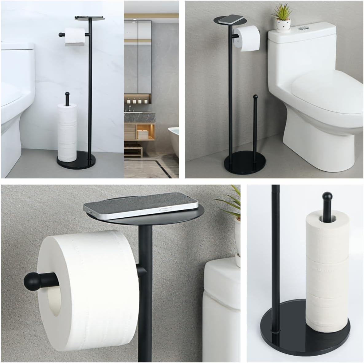 Alise Soporte de papel higiénico, soporte de rollo de papel higiénico independiente con reserva y estante para teléfono móvil para baño, rollo