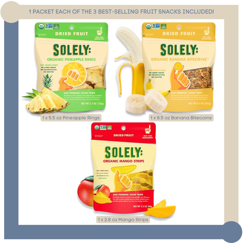 Paquete de 3 unidades de 3 unidades de frutas secas únicamente secas  1 de cada sabor (anillos de piña exclusivamente orgánicos de 5.5 onzas,