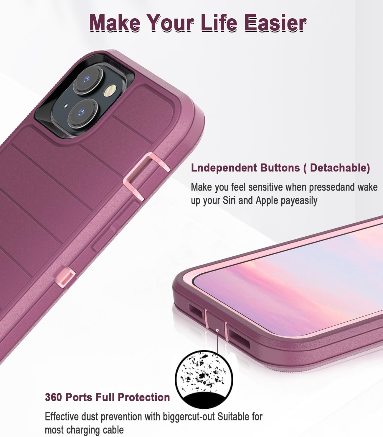Funda para iPhone 15, resistente de 3 capas, a prueba de golpes, a prueba de caídas, polvo, duradera, de grado militar, funda de protección completa