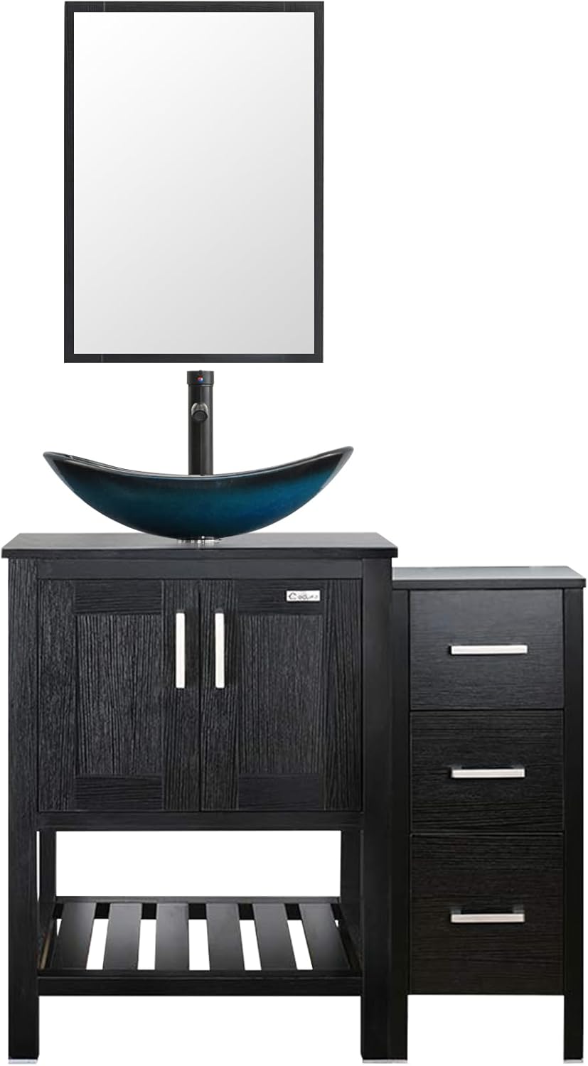 eclife 36-A29B B06 – Lavabo de baño de 36 pulgadas, color negro, con gabinete lateral, vidrio templado azul, grifo de ahorro de agua de 1.5 GPM y