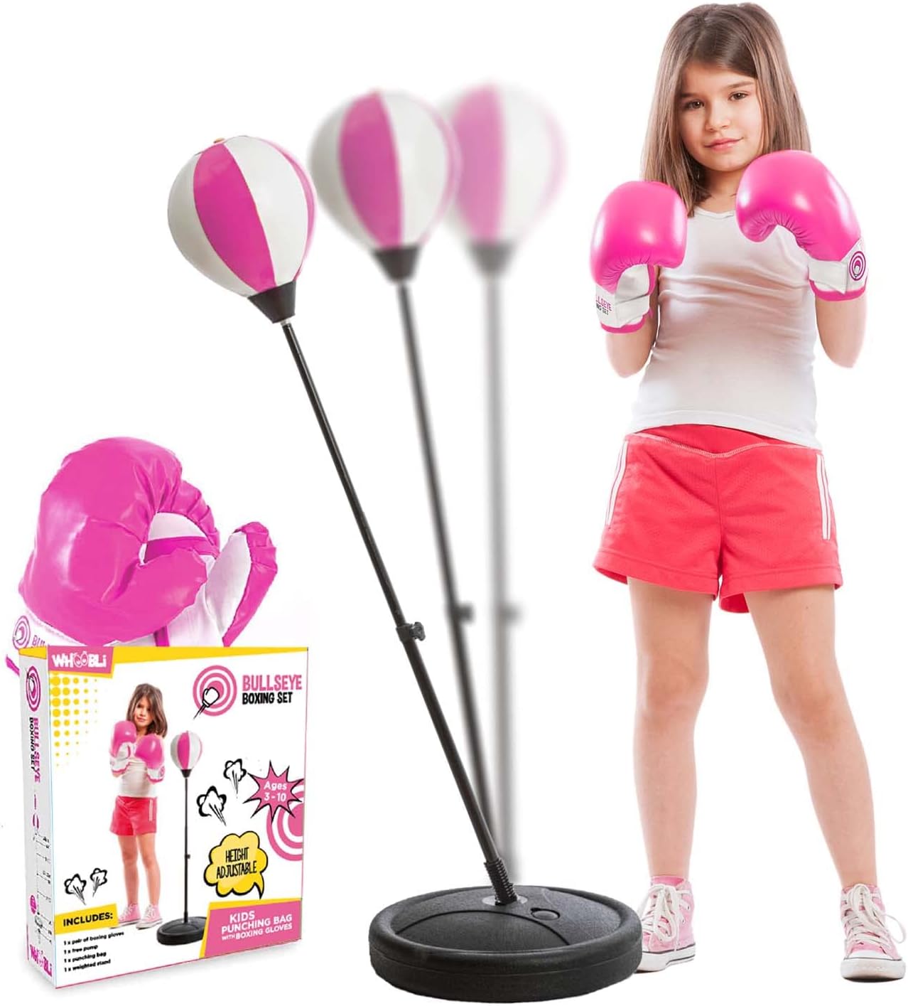 Whoobli Saco de boxeo para niños Incl  Saco de boxeo ajustable para niños de 3 a 10 años con soporte  Juego de bolsa de boxeo de juguete para niños