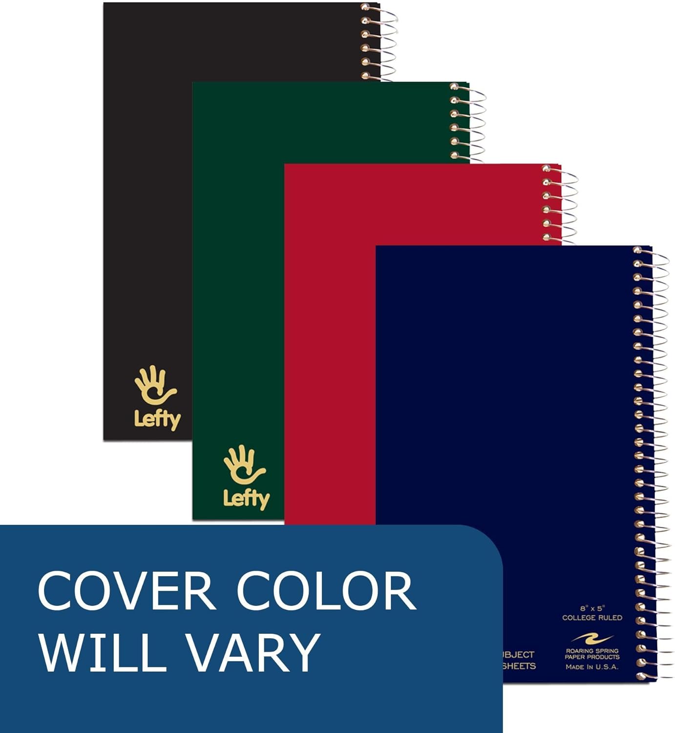 Roaring Spring Lefty – Mini cuaderno de espiral con espiral para zurdos, 1 tema, 8 x 5 pulgadas, 80 hojas blancas de papel rayado universitario,