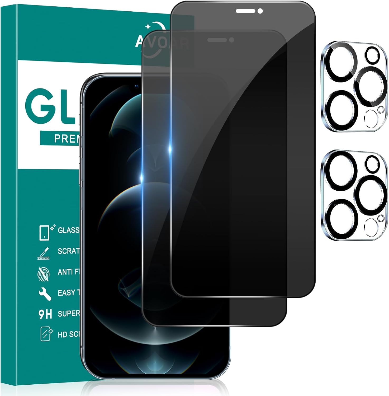 AVOAR Paquete de 2+2 protectores de pantalla de privacidad para iPhone 12 Pro Max con protector de lente de cámara, accesorios de vidrio templado de