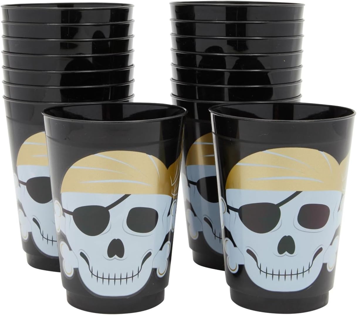 Sparkle and Bash Paquete de 16 vasos de plástico con temática de calavera para niños, suministros de fiesta de cumpleaños pirata (negro, 16 onzas)