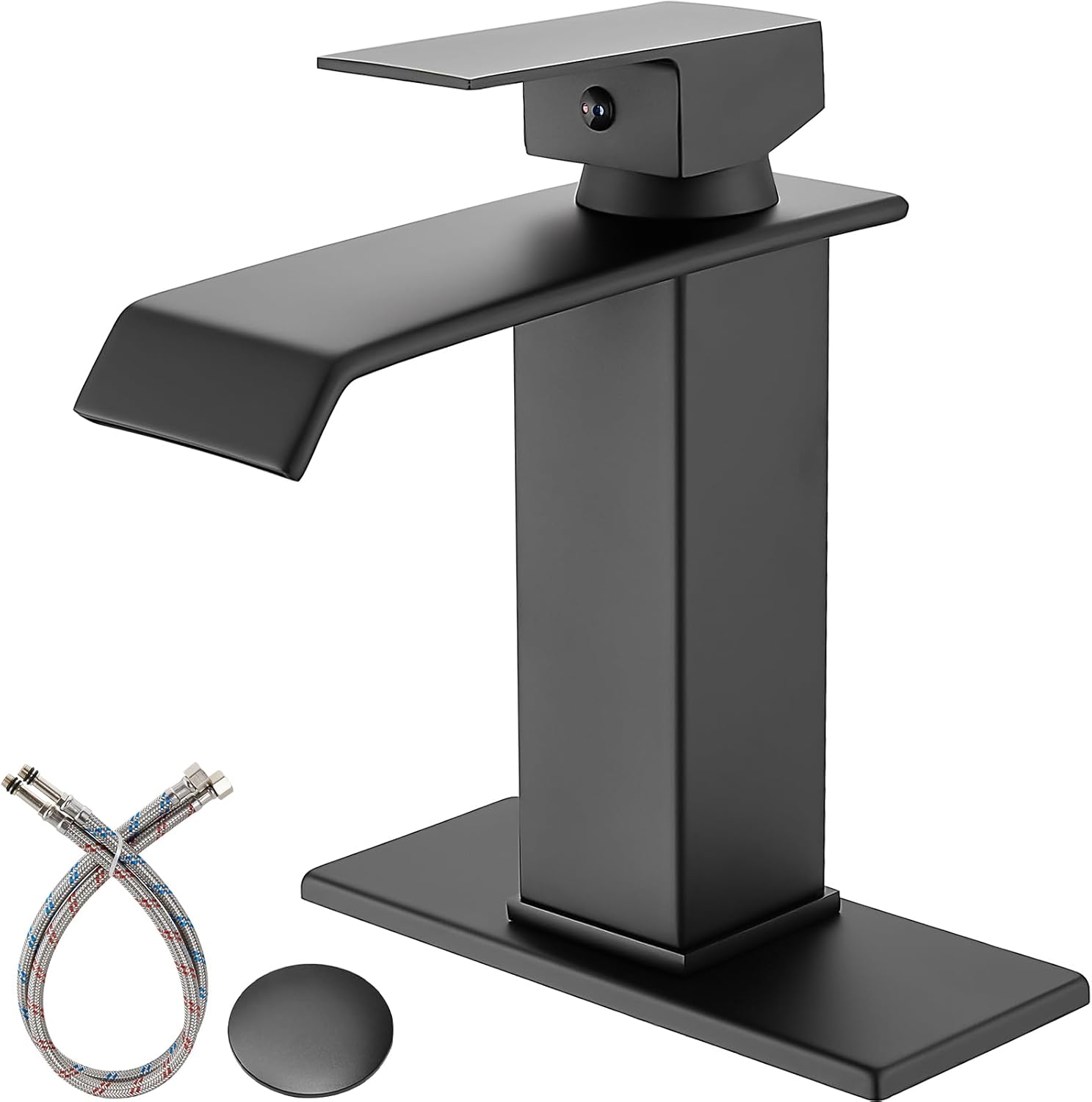 Grifo de lavabo de baño negro mate de una sola manija para lavabo de tocador de granja de 1 agujero, grifo de baño de montaje en cubierta con