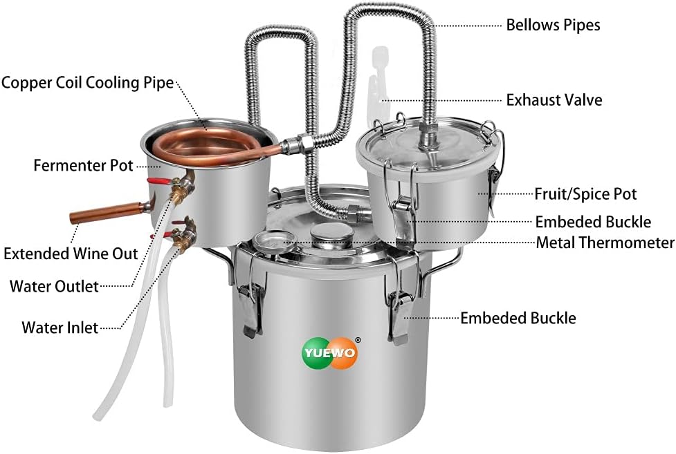 YUEWO Moonshine Todavía 3 macetas Destilador de alcohol Tubo de cobre Kit de elaboración de bebidas alcohólicas para bricolaje Whisky vino Brandy
