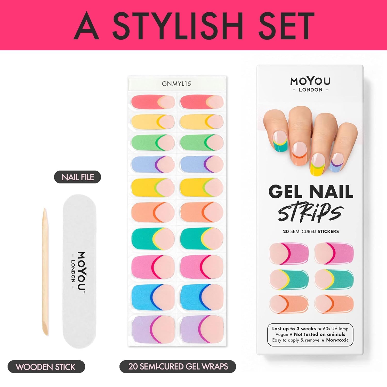 MOYOU LONDON Tiras de uñas de gel semicuradas, 20 unidades de envolturas de gel para uñas, obtén 1 lámpara UV gratis cuando recibas 2 o más, fácil