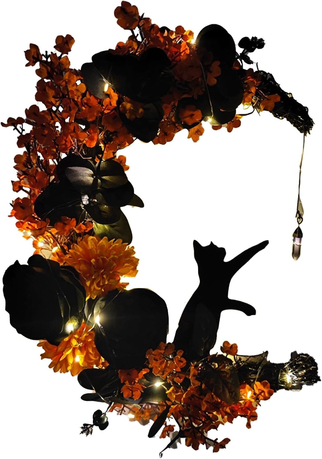 Corona de Halloween, luna y gato con rosa, guirnalda de corona de Halloween negra para puerta delantera, ventana, decoración de pared, bonita corona